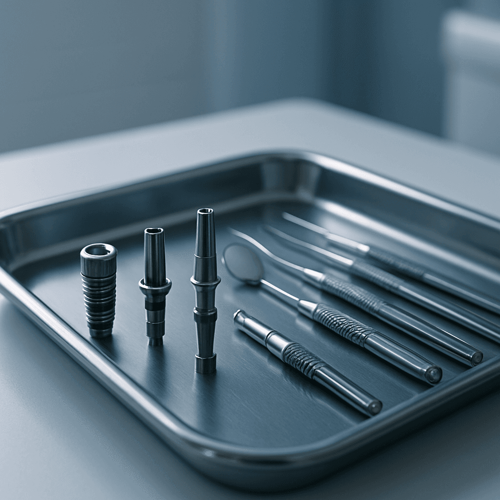現代的な韓国の歯科クリニックにおける滅菌された器具トレイ、チタン製インプラント部品と外科用器具が医療用ステンレス鋼の上に精密に配置されたクローズアップ