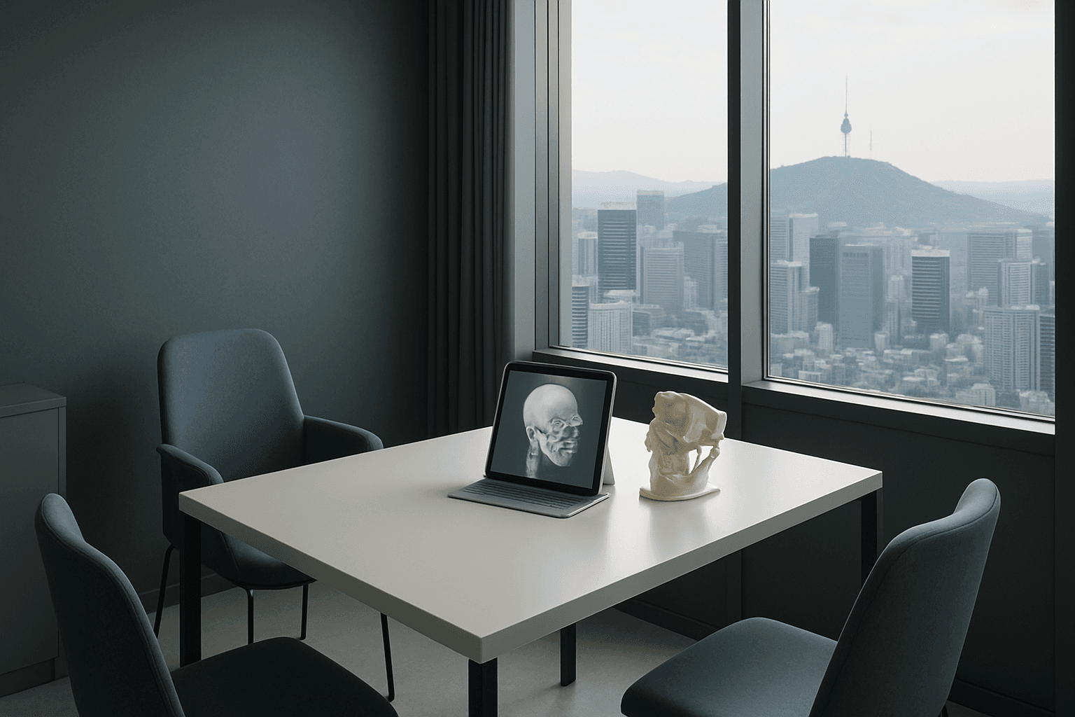 ソウルの街並みを望む現代的な美容外科相談室、自然光が差し込むミニマルな医療空間、グレーの壁とブルーグレーのチェア、白い診察デスクと顎の模型
